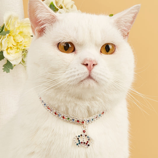 Elegant Pet Rhinestone Crown Pendant Necklace - Sparkling Multicolor Gemstone Accessory for Cats & Dogs, Random Color Selection