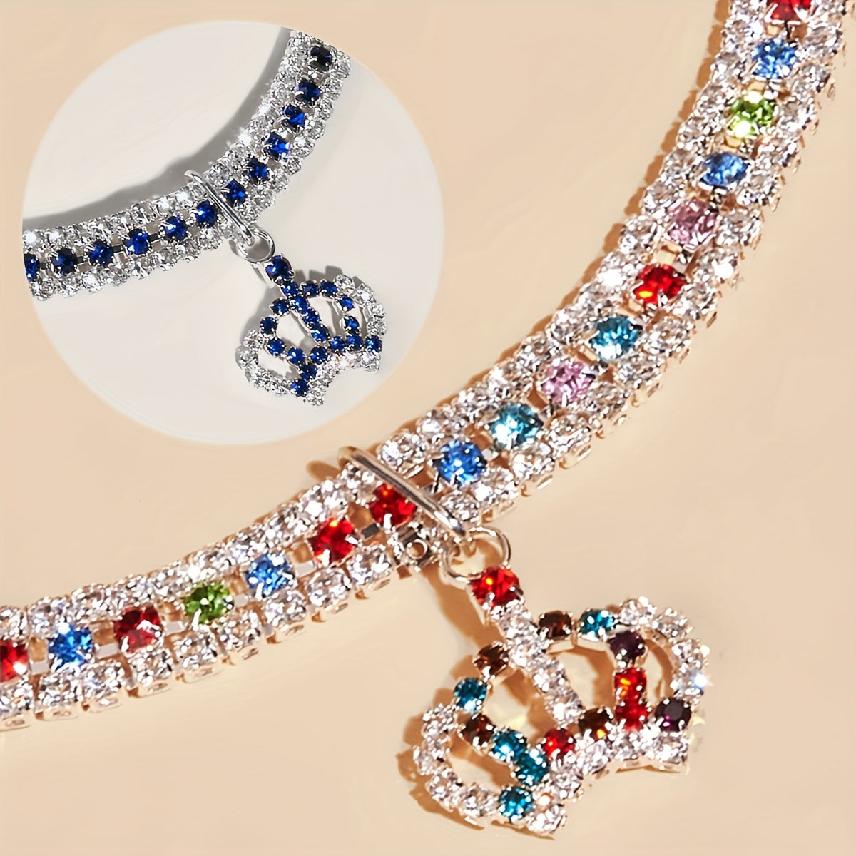 Elegant Pet Rhinestone Crown Pendant Necklace - Sparkling Multicolor Gemstone Accessory for Cats & Dogs, Random Color Selection