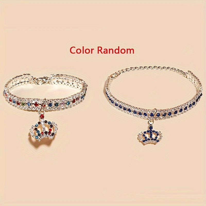 Elegant Pet Rhinestone Crown Pendant Necklace - Sparkling Multicolor Gemstone Accessory for Cats & Dogs, Random Color Selection