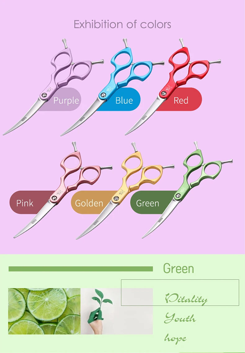 Fenice Professional JP440C&VG10 Colorful 6.0 6.5 Inch Curved Grooming Scissors Pet Scissor for Dogs Cats