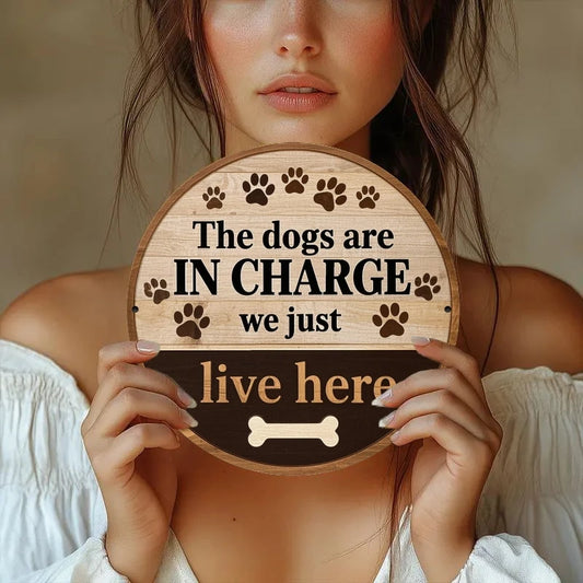 [Dog Deco] 2D Flat - [2D Flat] 1pc Vintage Iron "The Dogs Are In Charge" Round Sign, 8x8 Inch, Rustic Wall Decor for Front Door,
